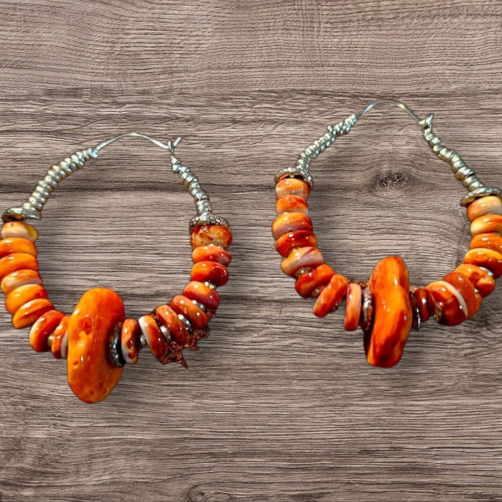 Orange Spiny Oyster Artisan Sterling Hoop Earrings Vintage